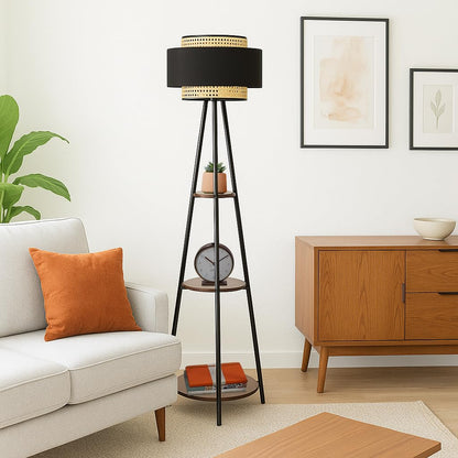 Bamboo Tripod Floor Lamp - Eco-Friendly Rattan Shade - 14x12 inch - Wooden Standing Lamp for Living Room