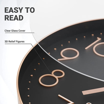 12 Inch Silent Analog Wall Clock in Black and Rose Gold - Modern Plastic Design