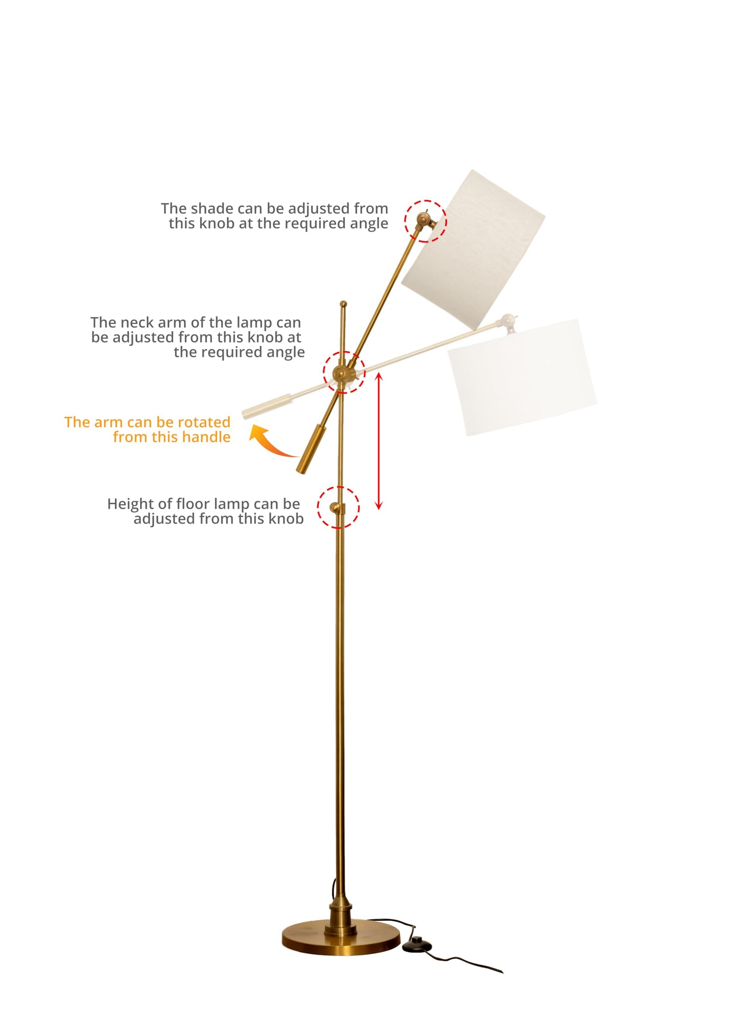 LED Floor Lamp with Adjustable Height and Rotatable Arm, Antique Brass Finish