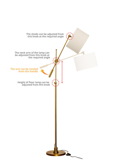 LED Floor Lamp with Adjustable Height and Rotatable Arm, Antique Brass Finish