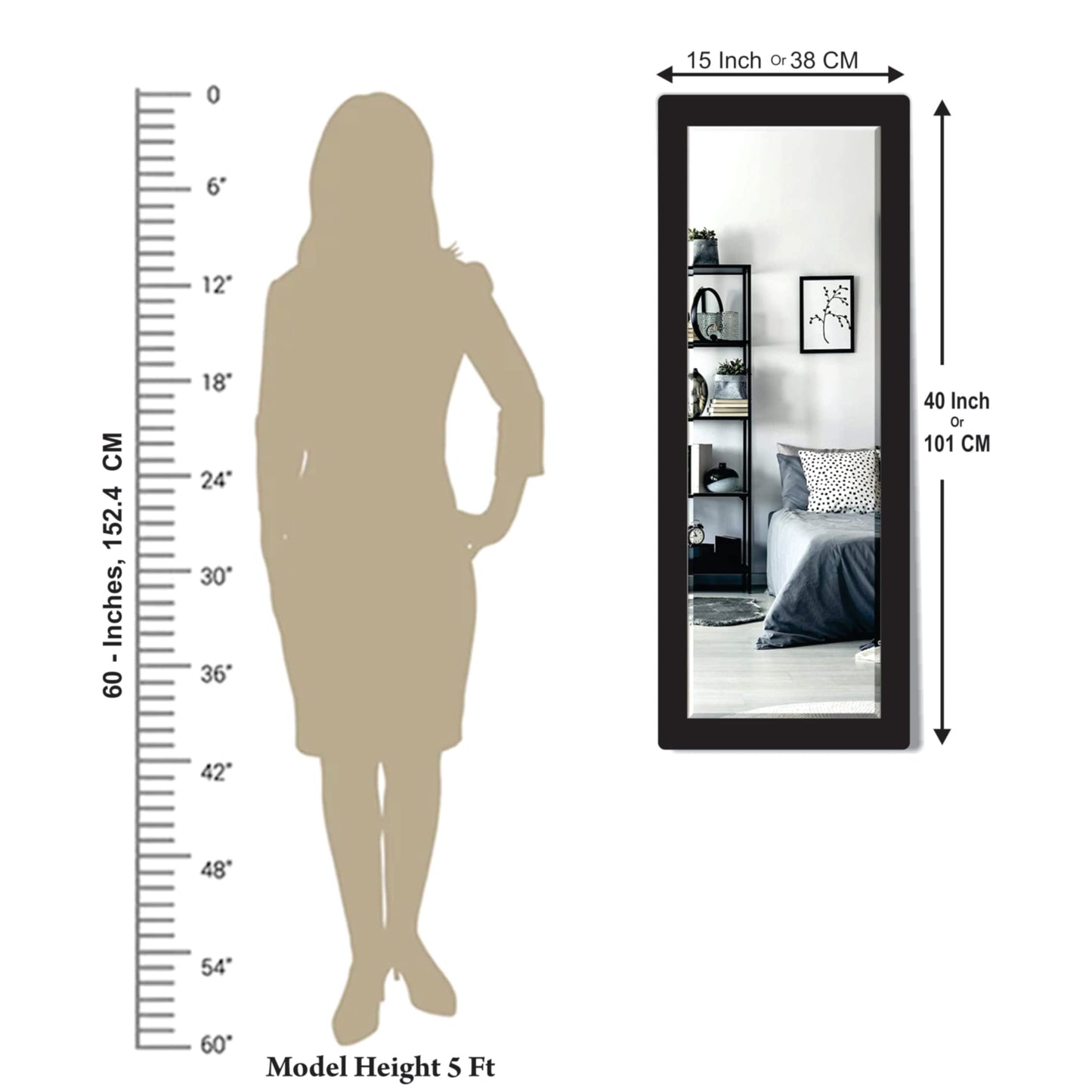 Framed Rectangular Wall Mirror with MDF Wood Frame - 15x40 inch - Classic Black
