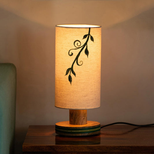 Table Lamp Handcrafted Mango Wood Off-White with Green 12 Inch CFL/LED
