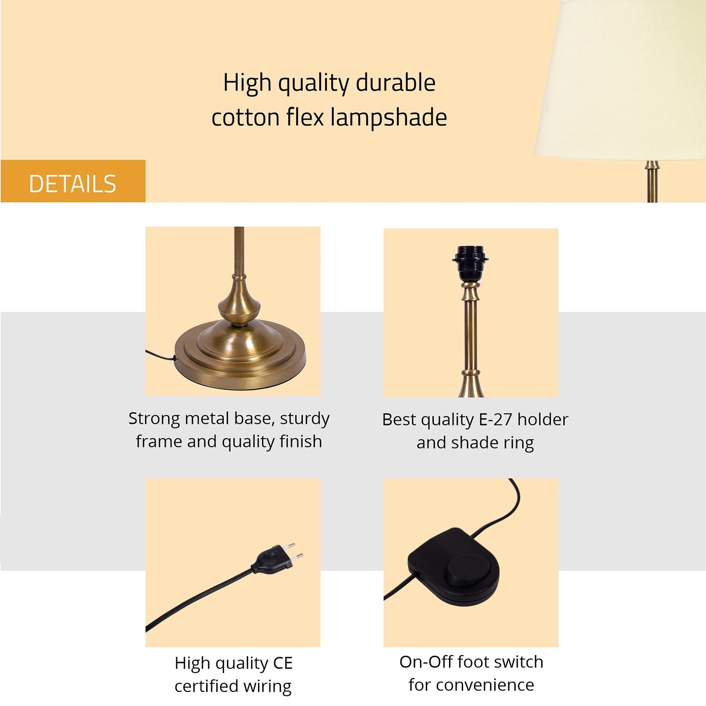 LED Floor Lamp Antique Brass Finish 5Ft Height with Cream Lampshade