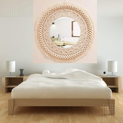 Round Wall Mirror with Cotton Fringe, Off-White, 25 cm Diameter, Handwoven Decorative Design