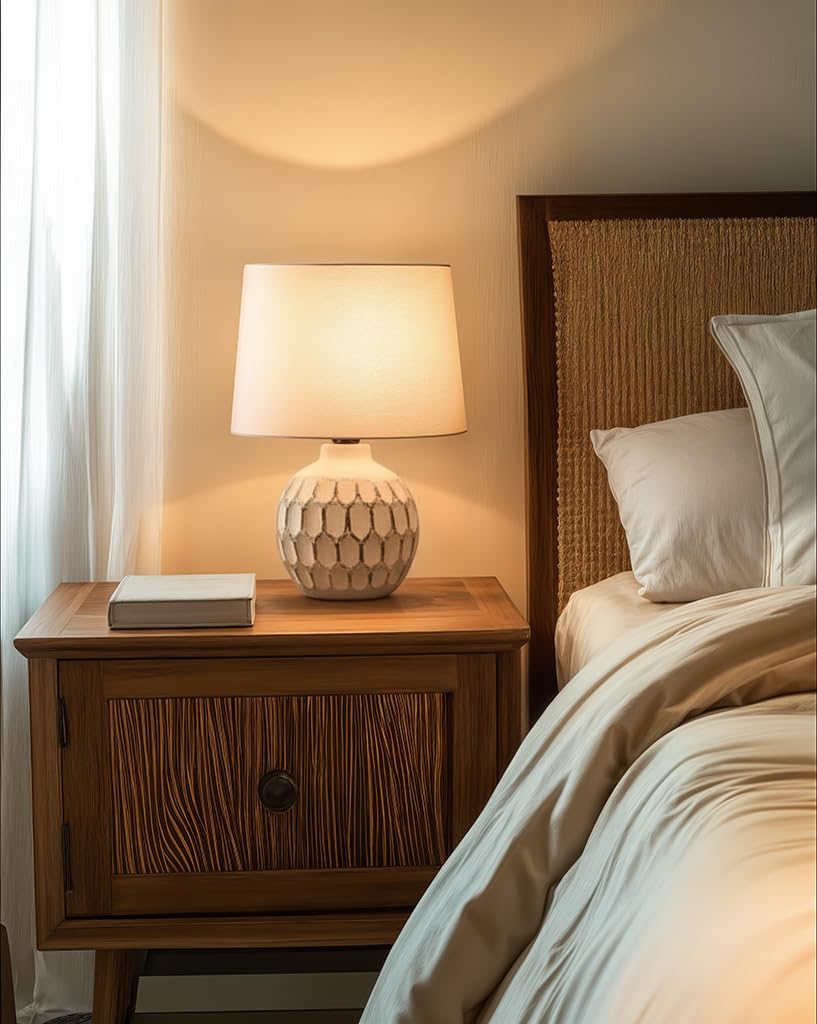 LED Table Lamp with Cotton Fabric Shade and Ceramic Base - White - Modern Design