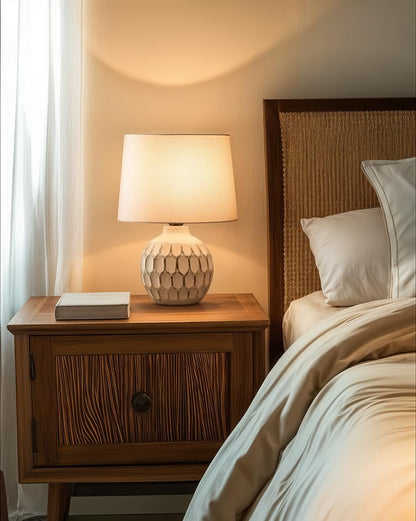 LED Table Lamp with Cotton Fabric Shade and Ceramic Base - White - Modern Design