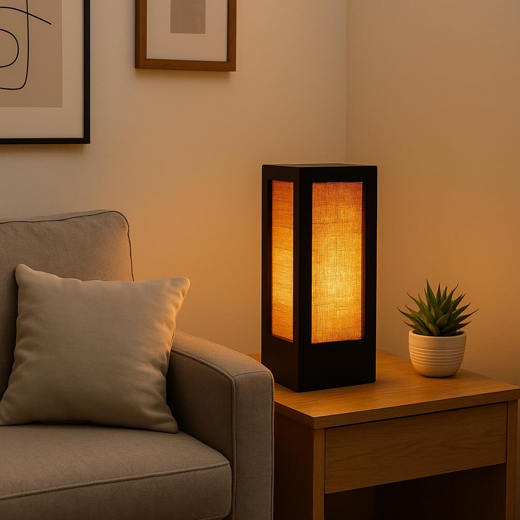 Handcrafted Wooden Table Lamp with Natural Jute Shade - Black Finish - 5 x 5 x 11 inches