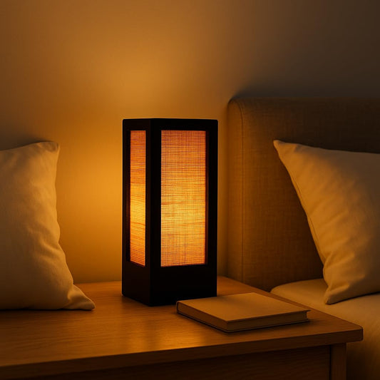 Handcrafted Wooden Table Lamp with Natural Jute Shade - Black Finish - 5 x 5 x 11 inches
