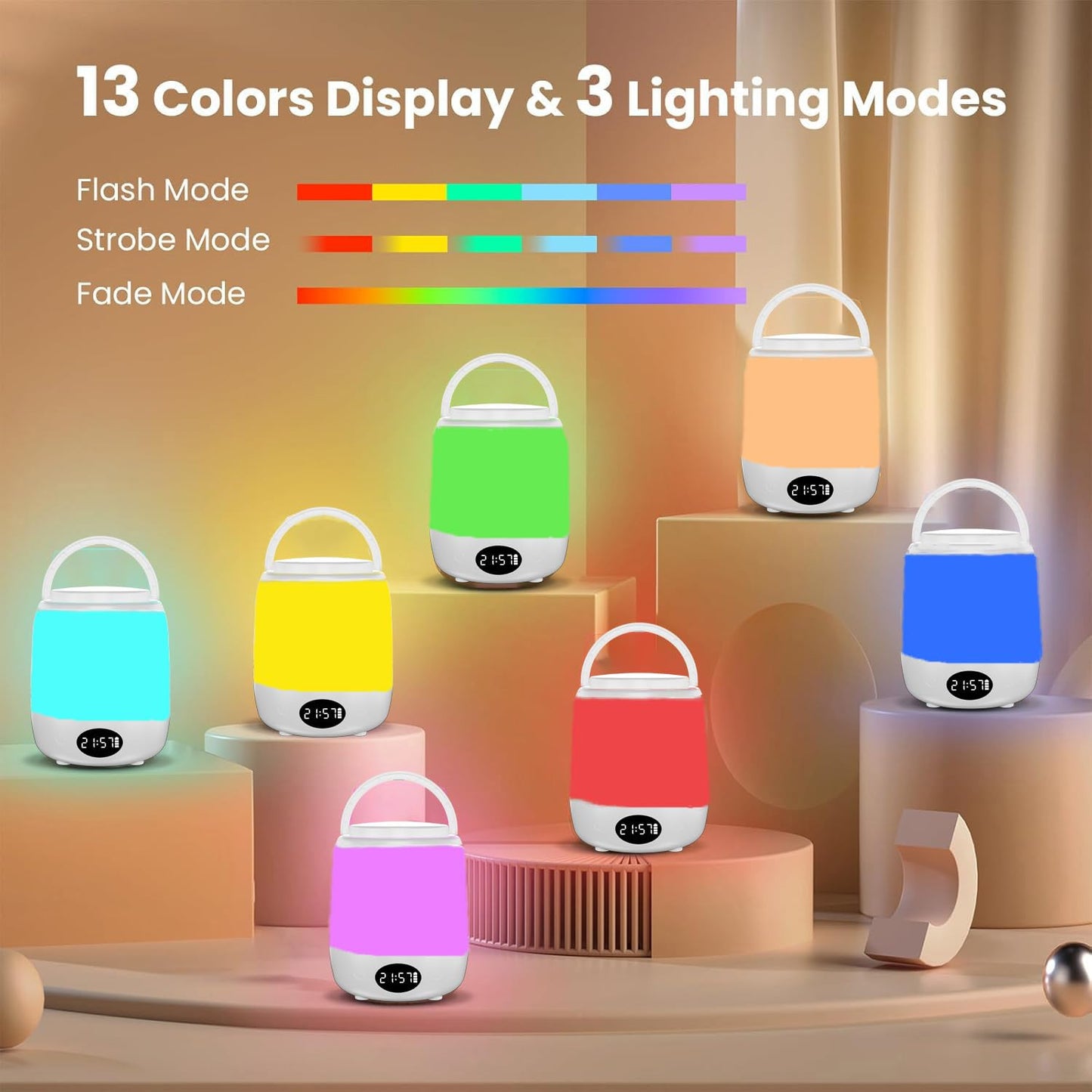 LED Touch Table Lamp with Clock, Dimmable Warm White & RGB, Modern Design, White Shade