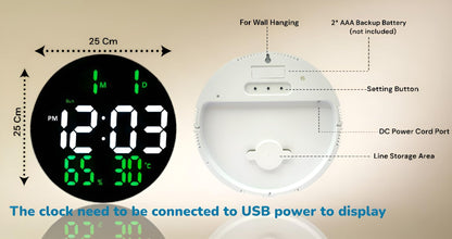 Digital Wall Clock with Remote Control 10 Inch Green LED Display