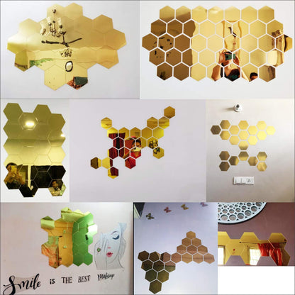 Hexagon Acrylic Mirror Sticker - Decorative Wall Mirror - Gold Finish - 20 Pieces