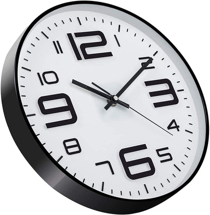 Silent Quartz Wall Clock 12 Inch Round White and Black Plastic
