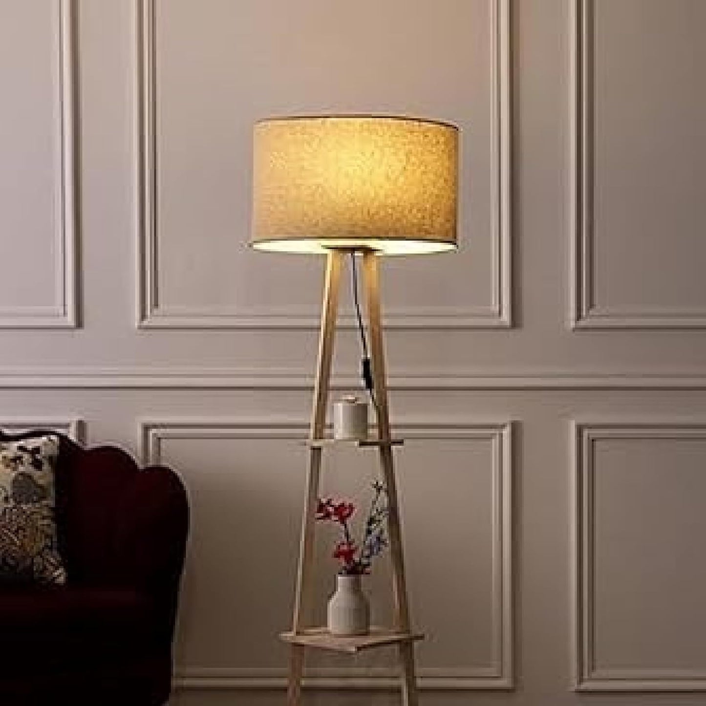 Floor Lamp with Drum Shade in Solid Wood & Natural Wood - 12 x 12 x 50 Inch - Beige