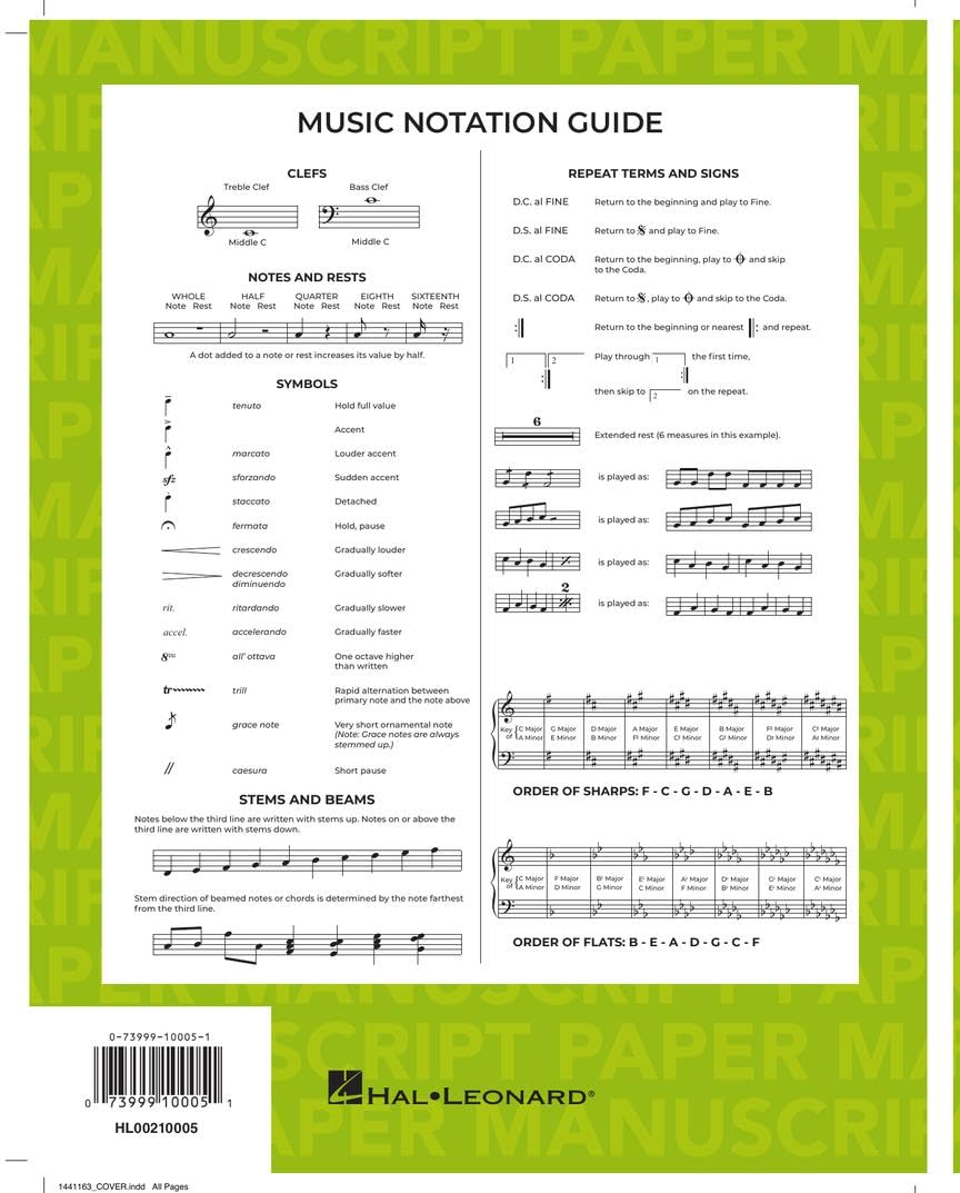 Standard Wirebound Manuscript Paper Green Cover | 12 Staves Per Page | Music Notation Guide for Composers, Students and Musicians | Hal Leonard Spiral-Bound Staff Paper