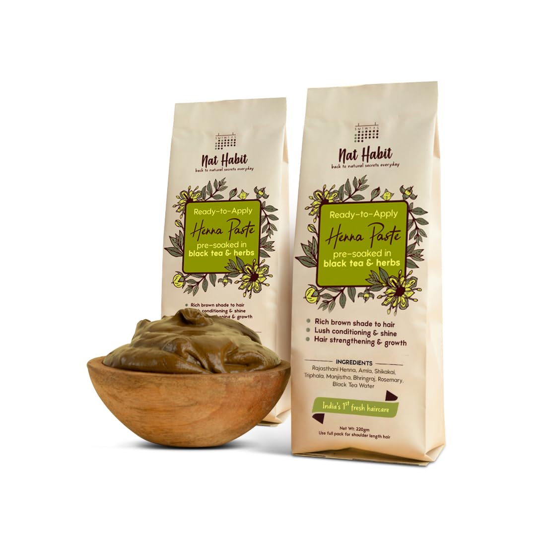Fresh Henna Paste with Black Tea & Herbs, Rich Brown (2x220g)