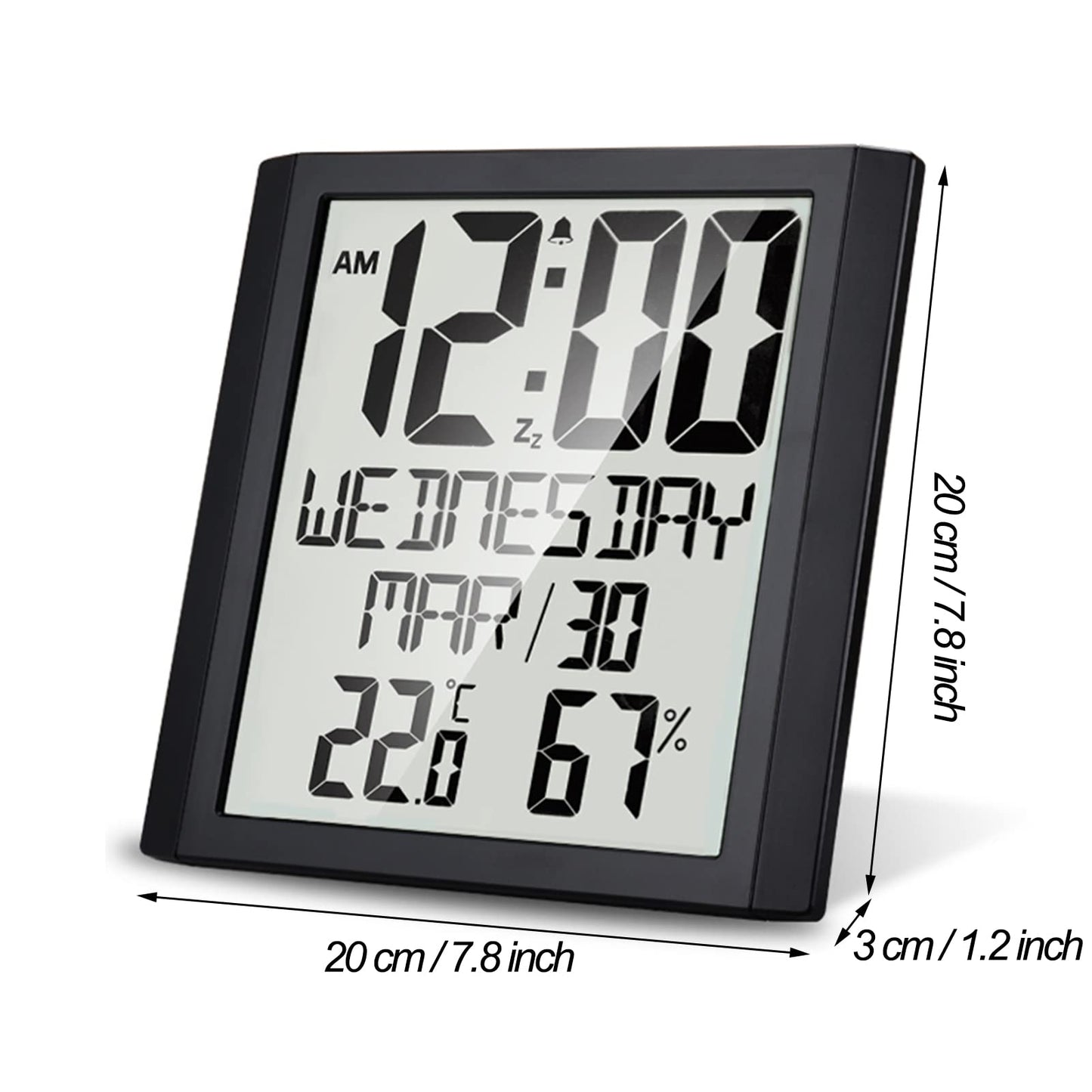 Digital Wall Clock with Temperature and Humidity Display - Battery Operated, Large Screen