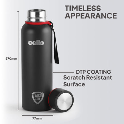 CELLO Duro Kent Insulated Stainless Steel Flask Water Bottle for Daily Use 900 ml, Black
