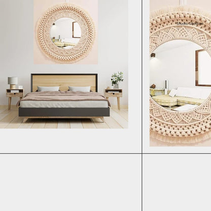 Round Wall Mirror with Cotton Fringe, Off-White, 25 cm Diameter, Handwoven Decorative Design