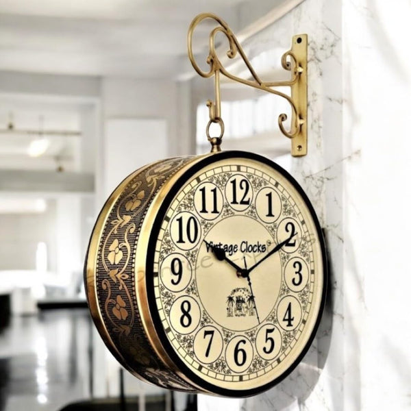 Double-Sided Analog Wall Clock - 12 Inch Brass Finish with English and Roman Numbers