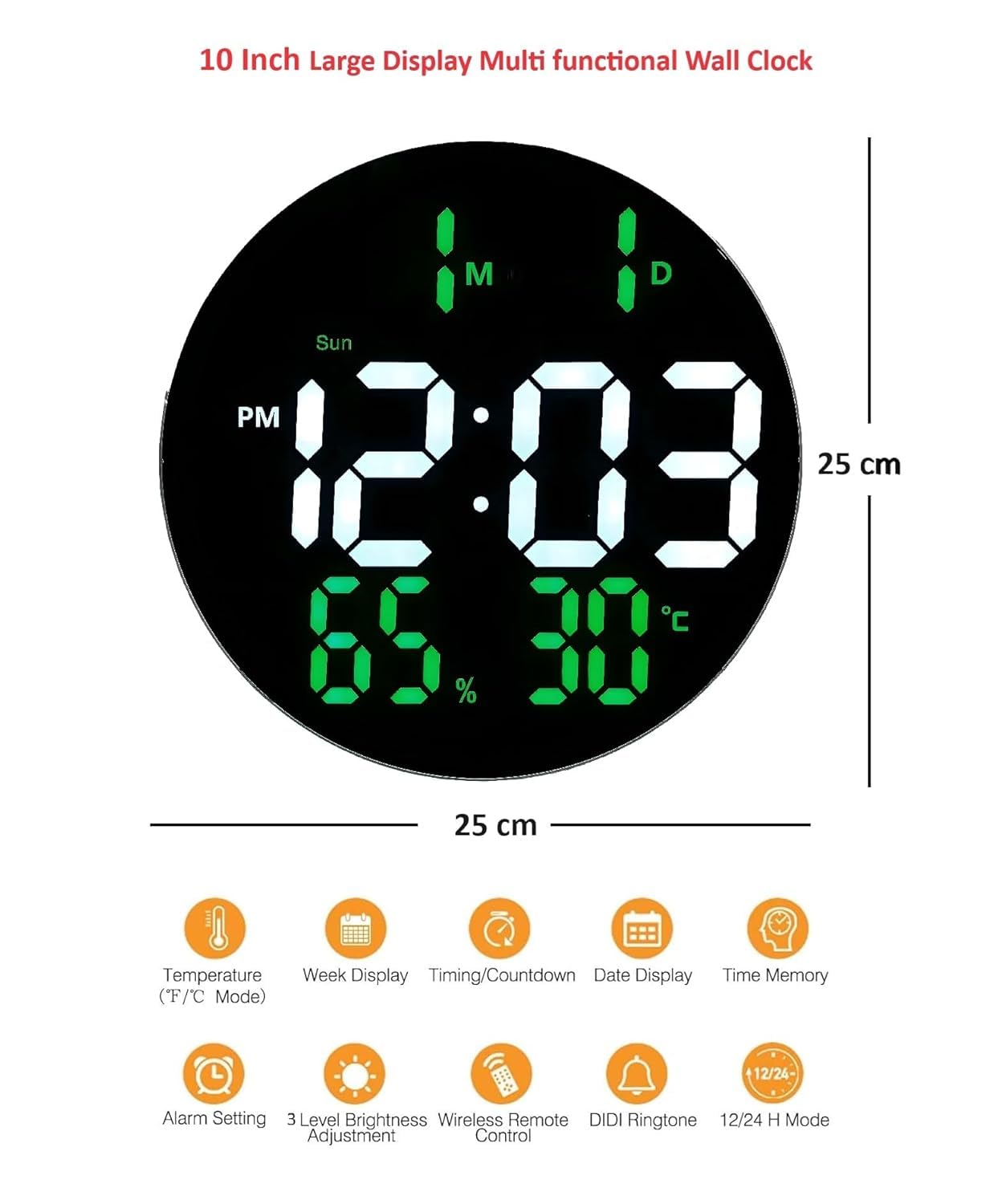 Digital Wall Clock with Remote Control 10 Inch Green LED Display
