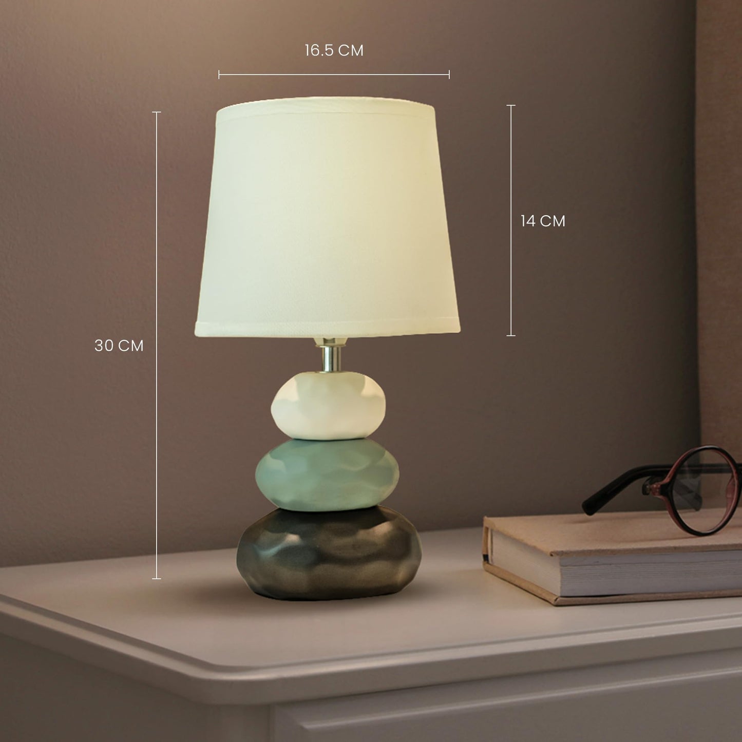 Modern Decorative Table Lamp with Ceramic Base and Fabric Shade - 17 cm x 16.5 cm x 30 cm - Warm White LED Bulb Included