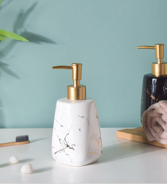 Ceramic Soap Dispenser with Pump - Marble Finish - 350ml - 6.8cm Diameter x 17.2cm Height