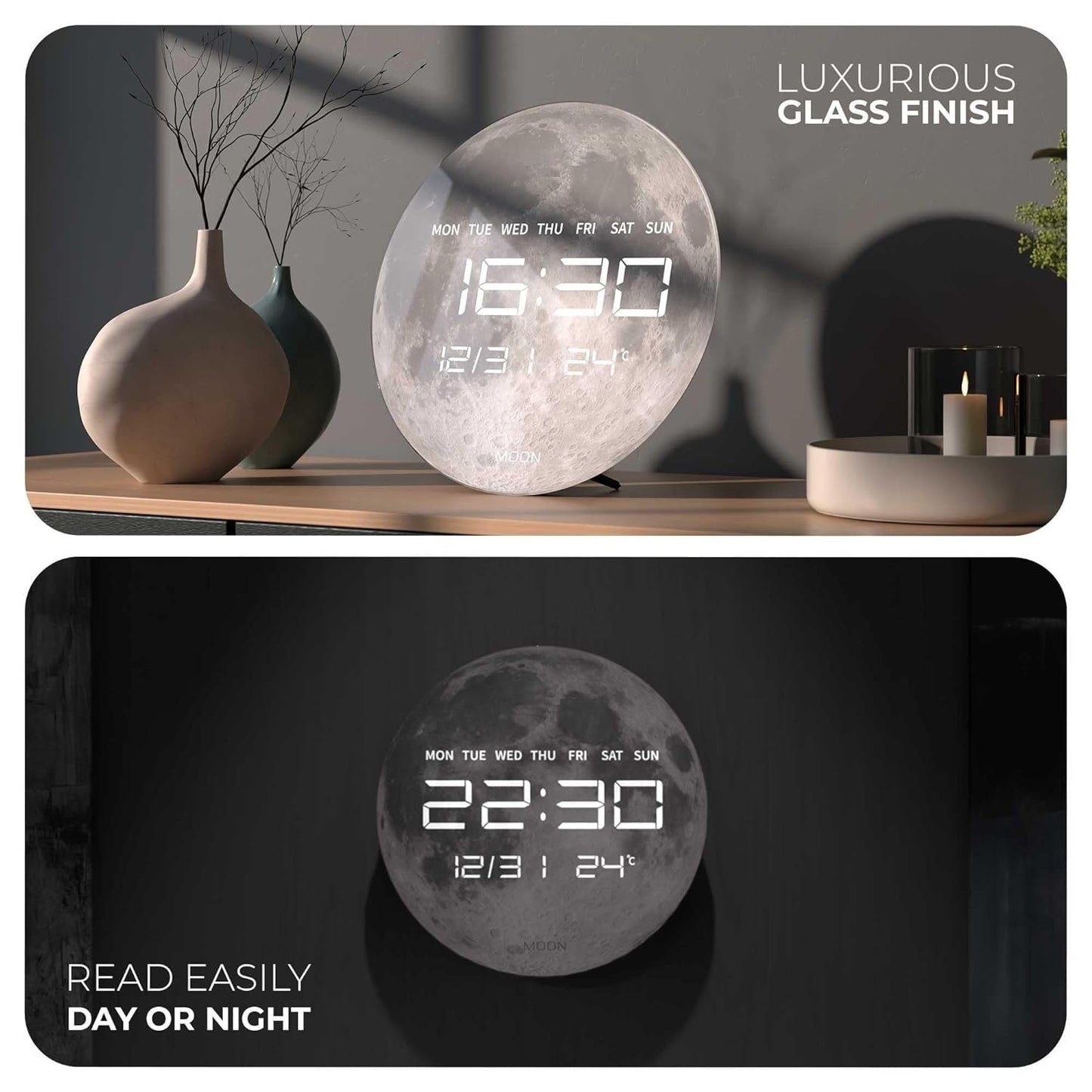 Digital Wall Clock with LED Display - USB Powered Glass Clock for Home, 1.5m Cable