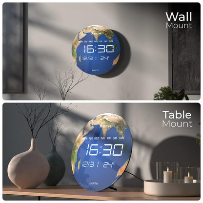 Digital Wall Clock with LED Display, 34cm Glass, USB Powered, Temporal Memory