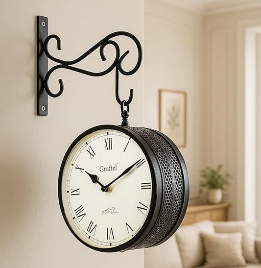 Metal Analog Double Sided Vintage Both Side Roman Dial Wall Clock for Station Home and Living Room (Dial - 8 Inches, Matte Black)