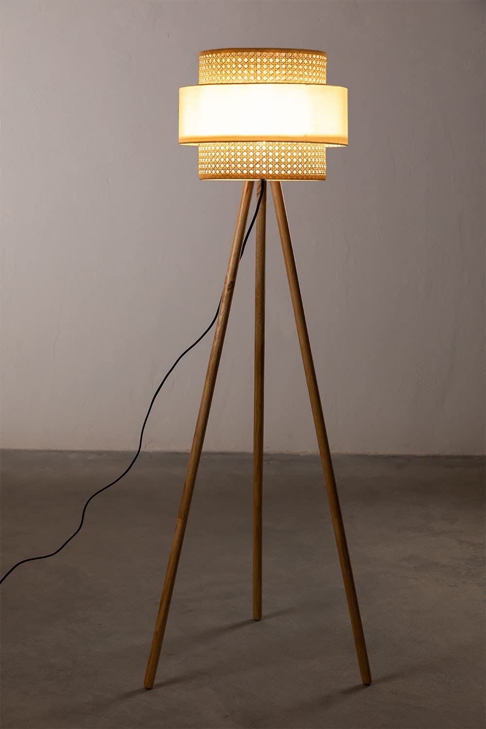 Standing Floor Lamp with Rattan Shade and Tripod Legs - Bamboo - 14" D x 11"