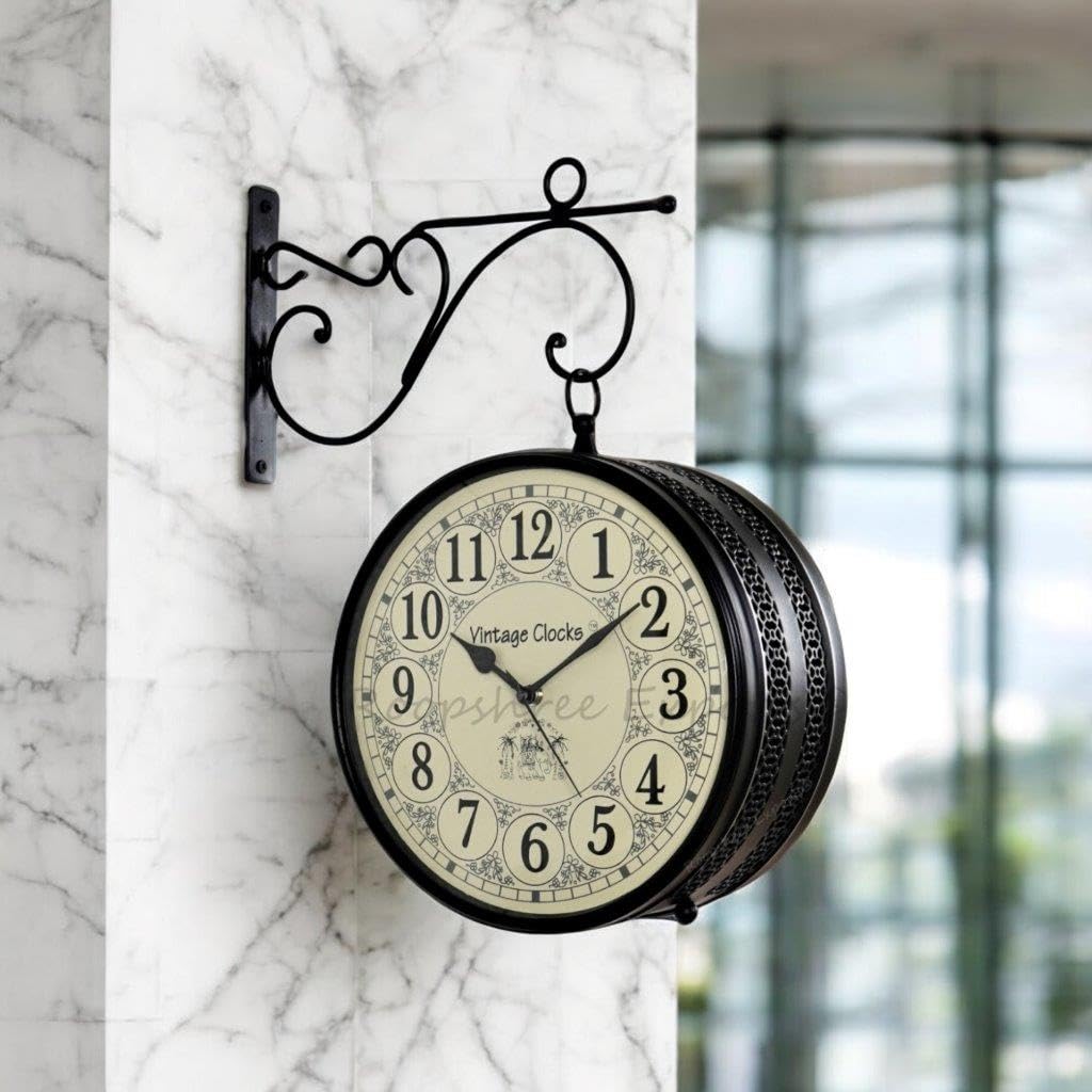 Vintage Hand-Crafted Double-Sided Wall Clock - 8 Inch Black Metal with English and Roman Numbers