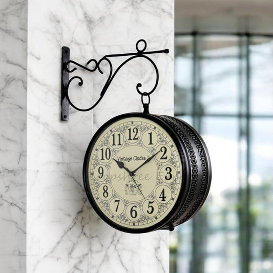Vintage Hand-Crafted Double-Sided Wall Clock - 8 Inch Black Metal with English and Roman Numbers