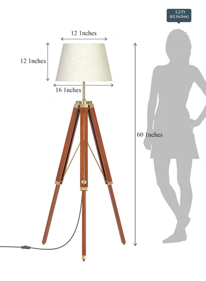 LED Floor Lamp Adjustable Height Wooden Tripod Design Brown Polished Brass 5Ft