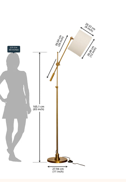 LED Floor Lamp with Adjustable Height and Rotatable Arm, Antique Brass Finish