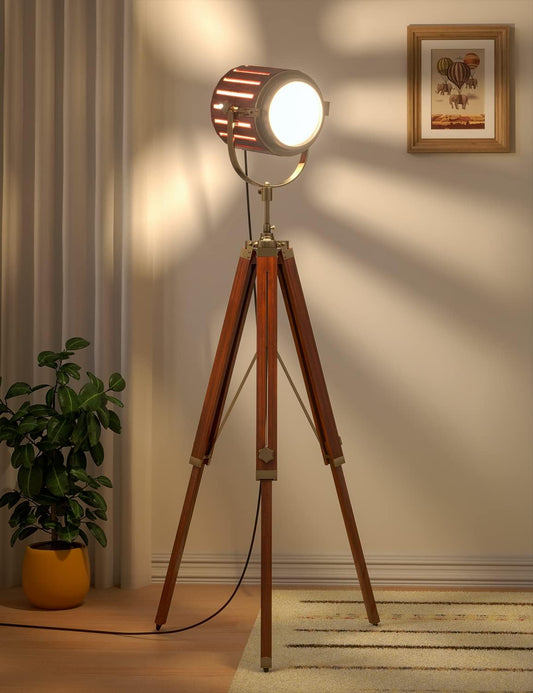 Vintage Tripod Floor Lamp with Adjustable Height - Wooden & Brass Antique Gold - 5ft Tall