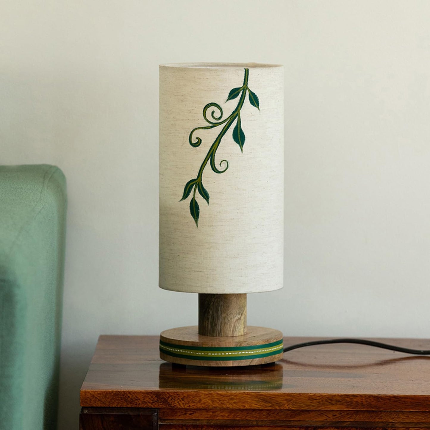 Table Lamp Handcrafted Mango Wood Off-White with Green 12 Inch CFL/LED