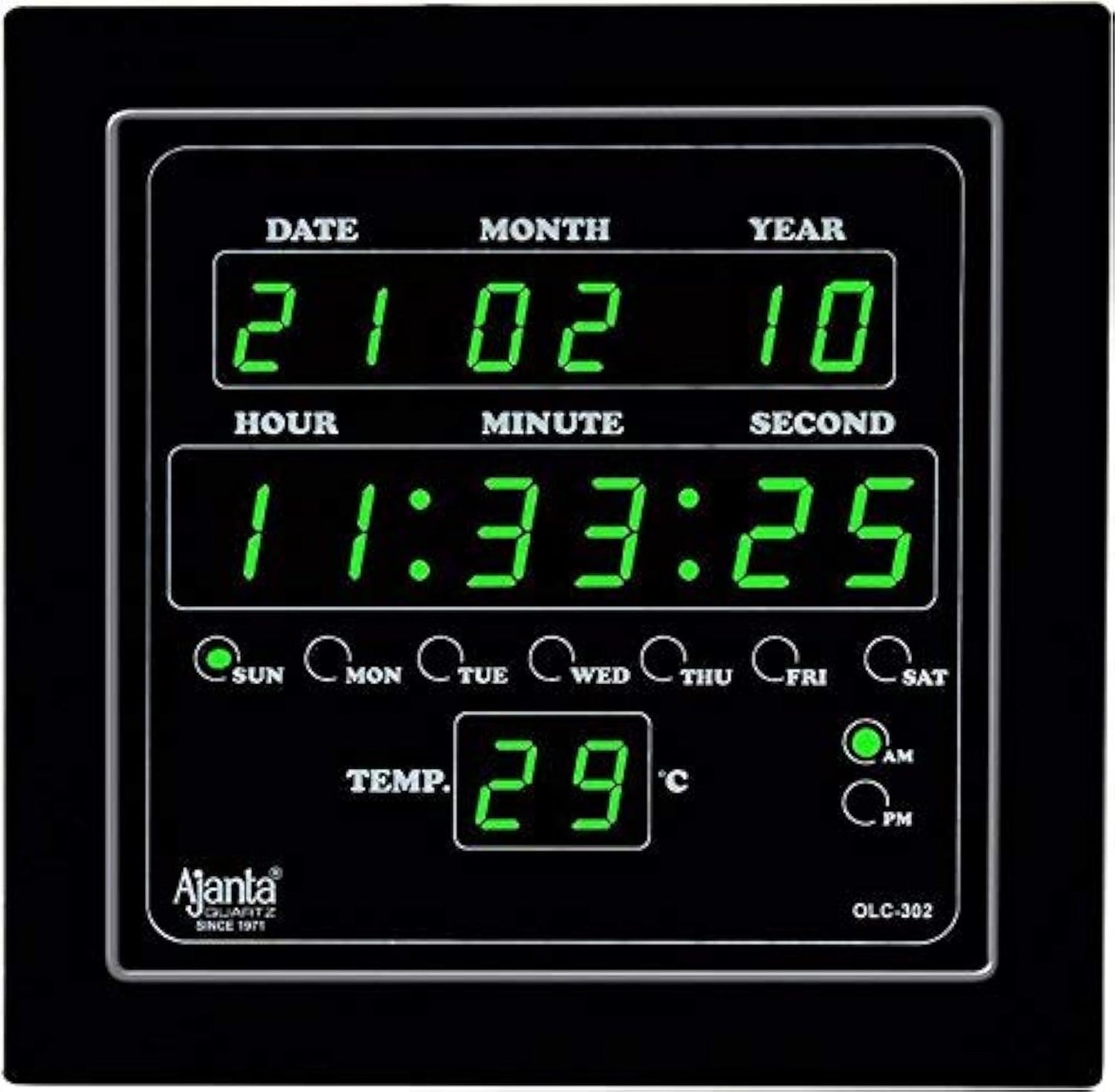 Digital LED Square Wall Clock - Green - 25.4 cm - Plastic - Battery Powered