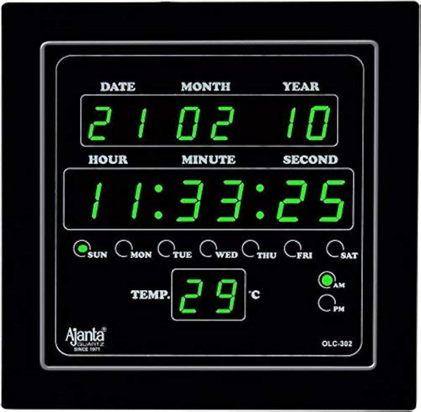 Digital LED Square Wall Clock - Green - 25.4 cm - Plastic - Battery Powered