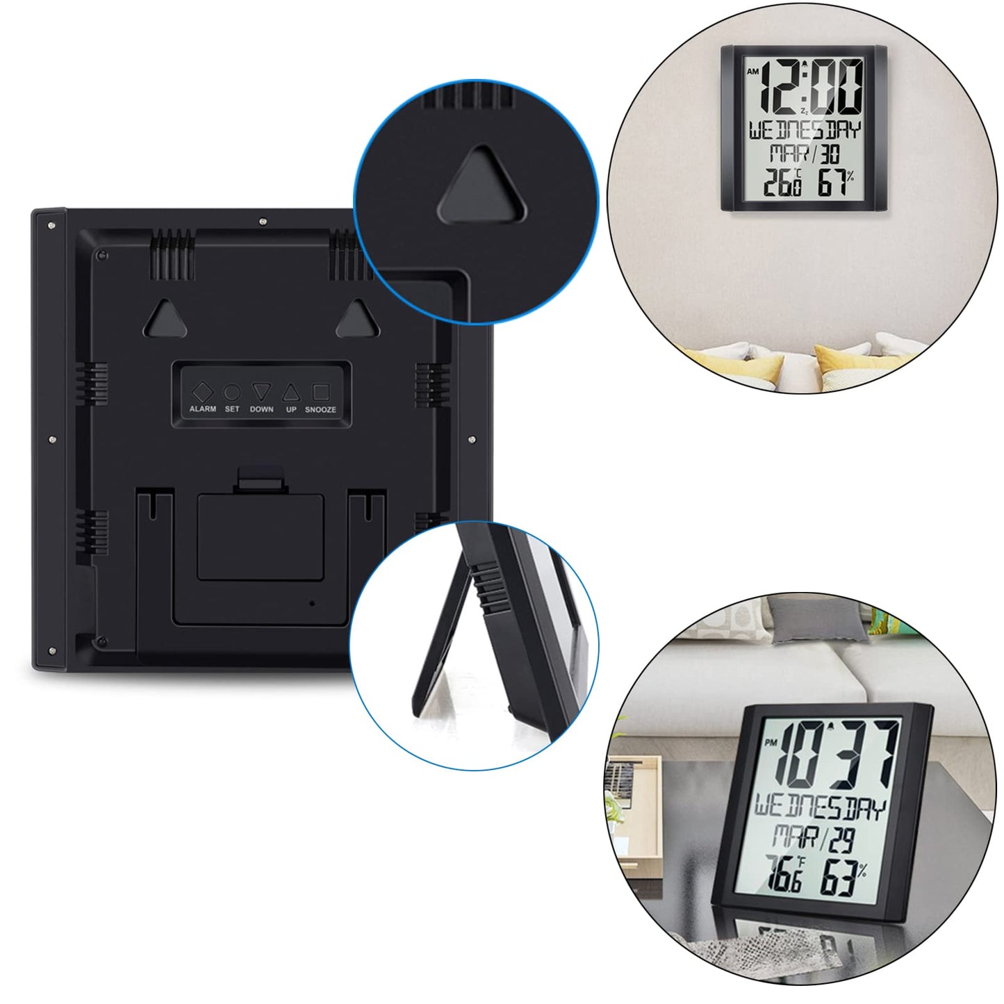 Digital Wall Clock with Temperature and Humidity Display - Battery Operated, Large Screen