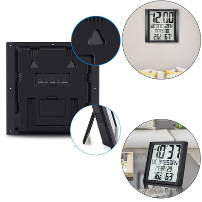 Digital Wall Clock with Temperature and Humidity Display - Battery Operated, Large Screen