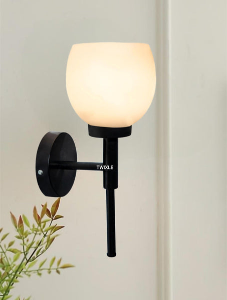 Metal Wall Light with Glass Shade, Black, 32cm Height, Modern Design, E27 LED Compatible