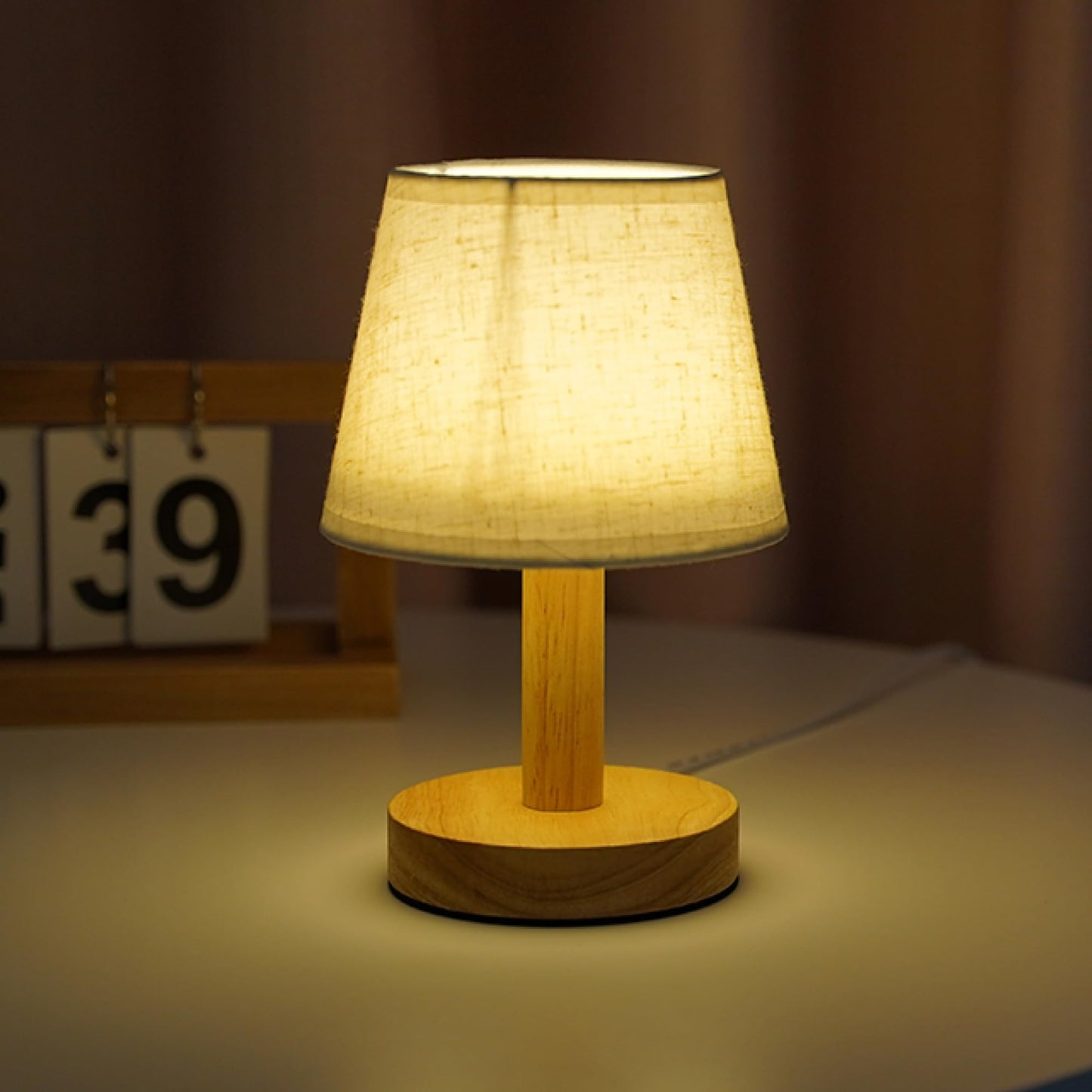 LED Table Lamp with Dimmable Functionality, Wooden Base & Fabric Shade, 21cm