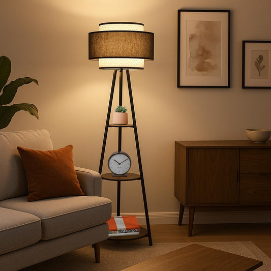 Bamboo Tripod Floor Lamp - Eco-Friendly Rattan Shade - 14x12 inch - Wooden Standing Lamp for Living Room