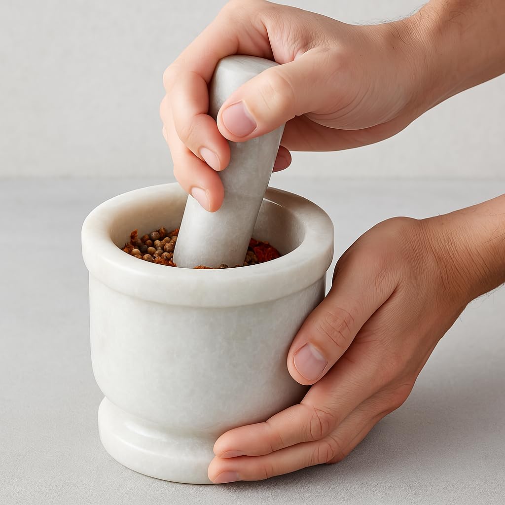 Jaipur Ace Natural White Marble Mortar and Pestle Set-4x4 Inches (White)