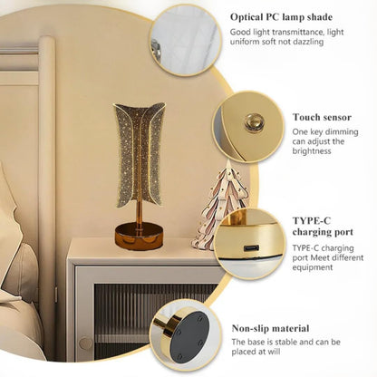 LED Table Lamp with Touch Control, Gold Finish, Crystal Detailing, USB Rechargeable
