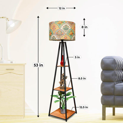 Modern Minimalist Floor Lamp with 3 Shelves - Black Metal, Beige Linen Shade, 9W LED Bulb Included