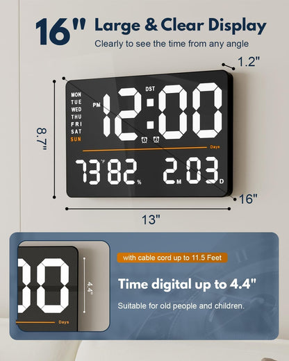 Digital Wall Clock with Remote Control, 33 x 22 x 3 cm, Multi-Color Display, Dual Alarms, Automatic Brightness