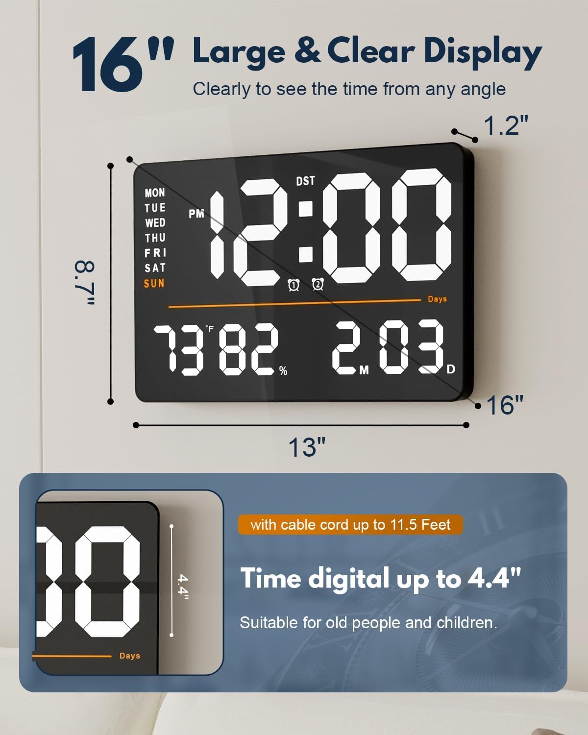 Large Digital Wall Clock with Remote Control, Automatic Brightness, Temperature Display - Square Design