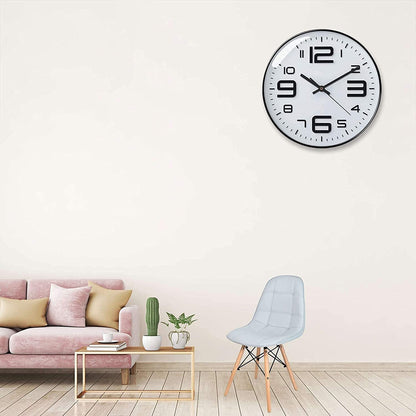 Silent Quartz Wall Clock 12 Inch Round White and Black Plastic