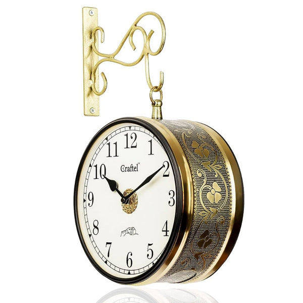 Vintage Double-Sided Metal Wall Clock - 8 Inch Shiny Gold with Brass Dial